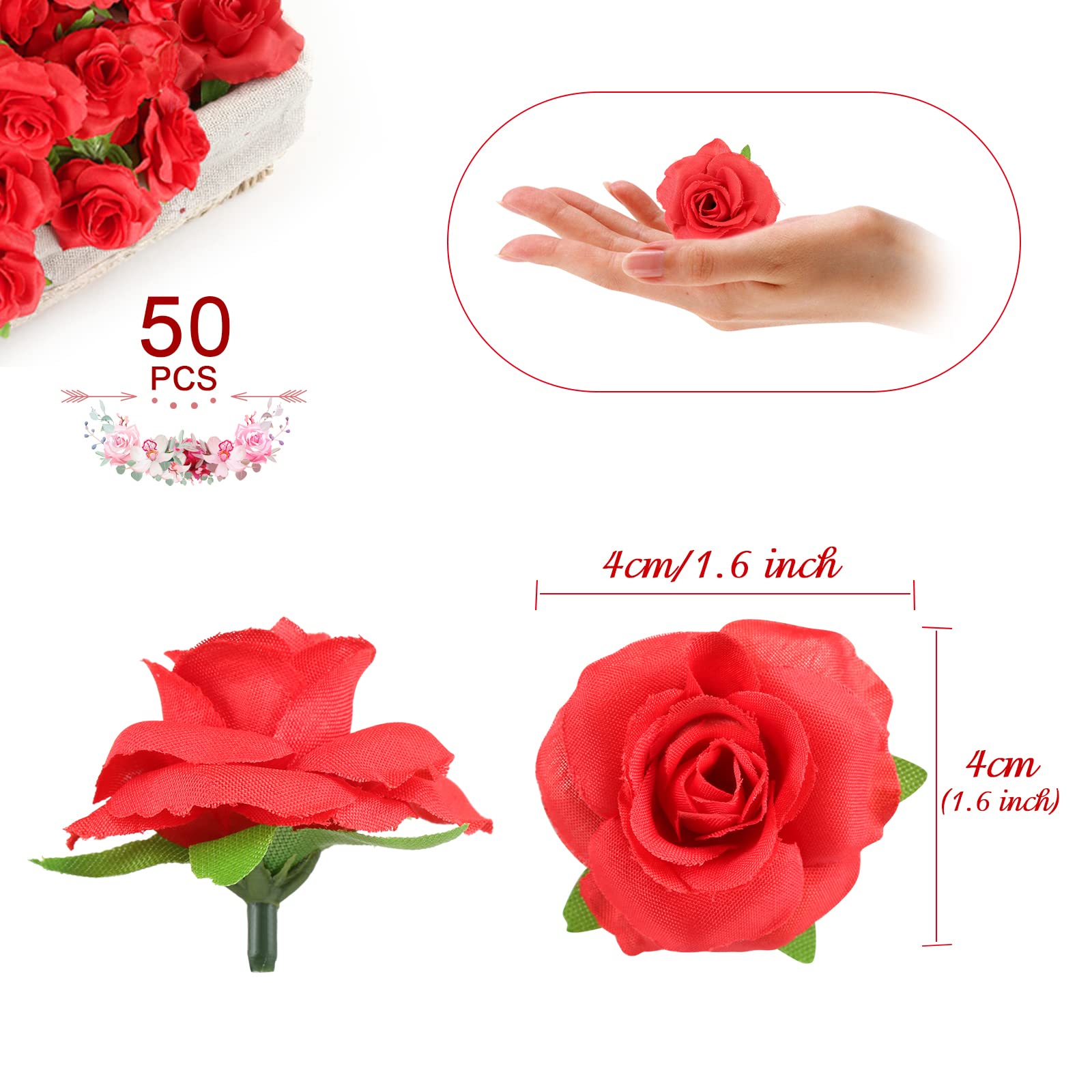 Kesoto 50pcs Red Roses Buds Artificial Flowers Bulk