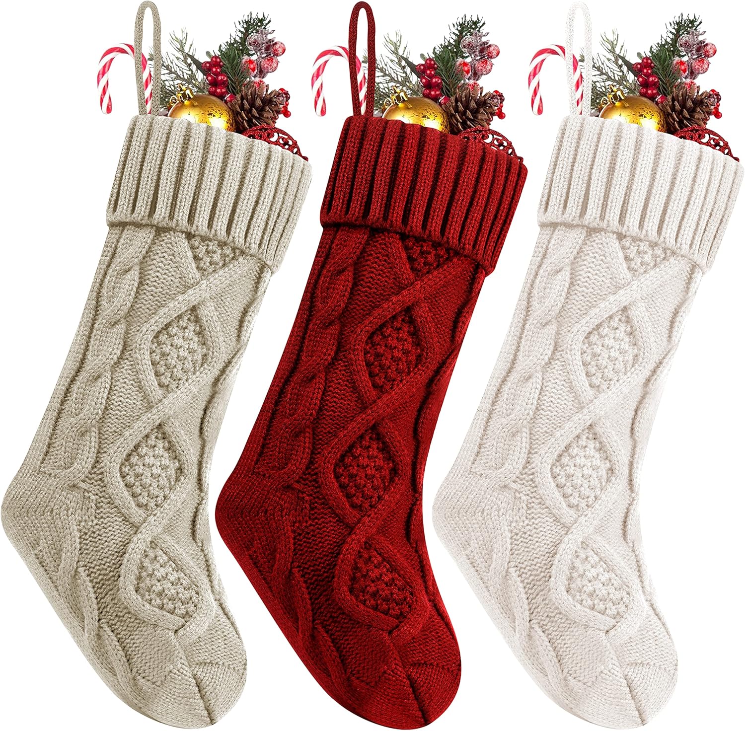 Fesciory 4 Pack 18 Inch Ivory Cable Knit Christmas Stockings