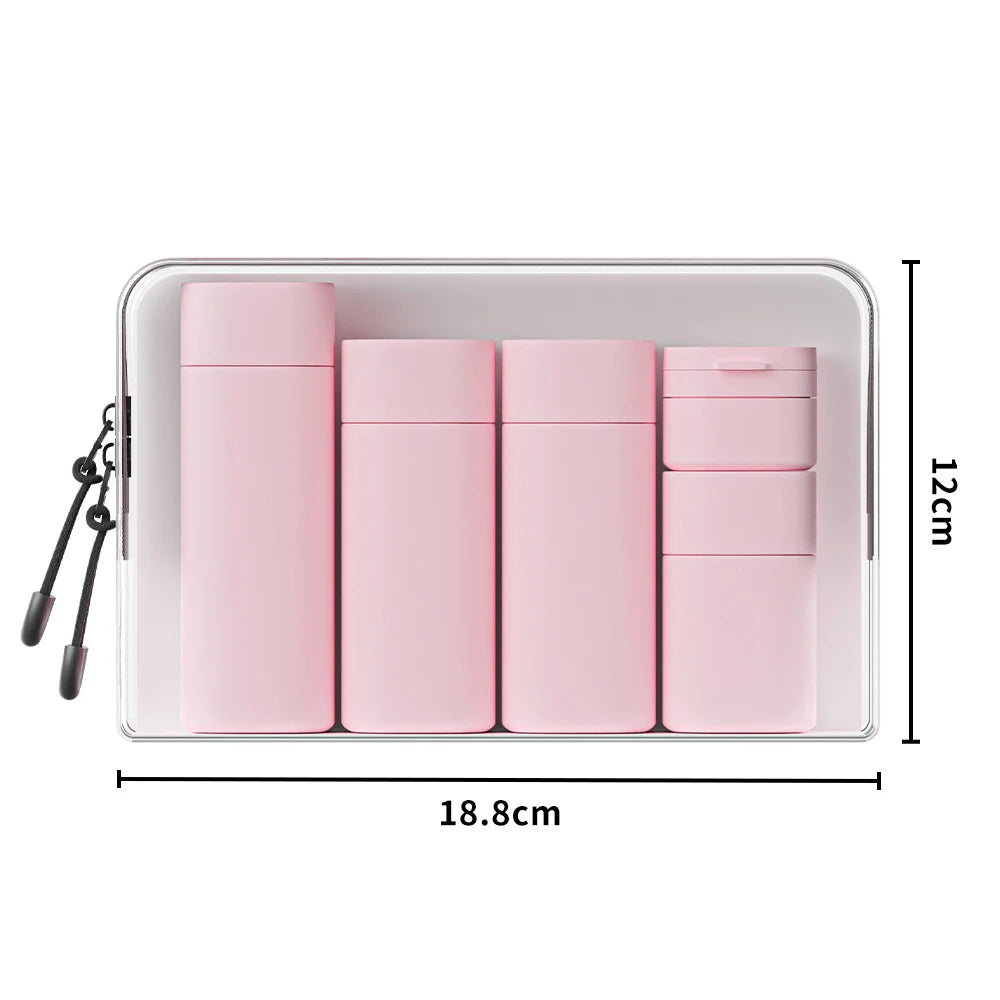 5-in-1 Refillable Silicone Travel Bottles Set with Clear Bag – Leak-Proof Toiletry Containers for Shampoo, Conditioner & Lotion
