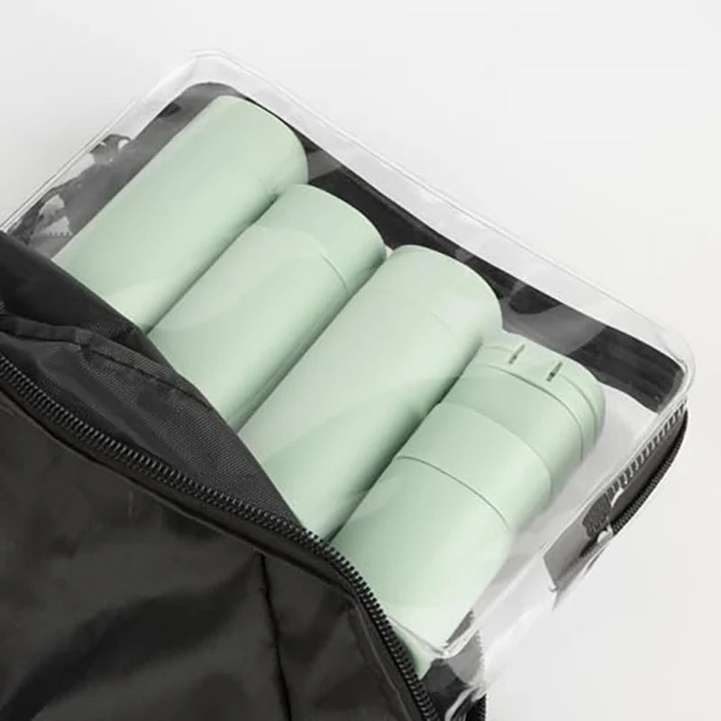 5-in-1 Refillable Silicone Travel Bottles Set with Clear Bag – Leak-Proof Toiletry Containers for Shampoo, Conditioner & Lotion
