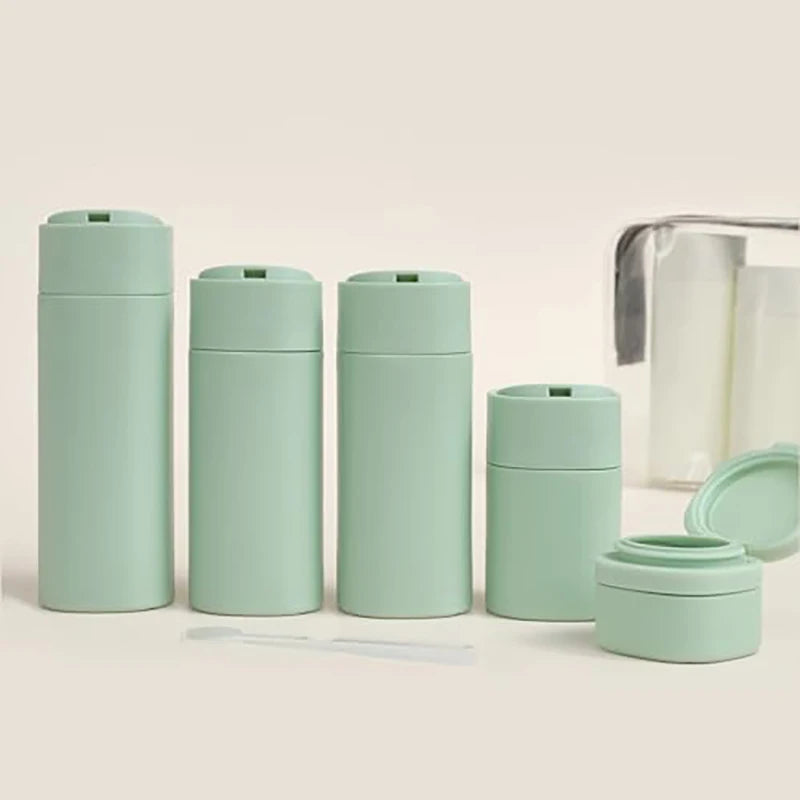 5-in-1 Refillable Silicone Travel Bottles Set with Clear Bag – Leak-Proof Toiletry Containers for Shampoo, Conditioner & Lotion