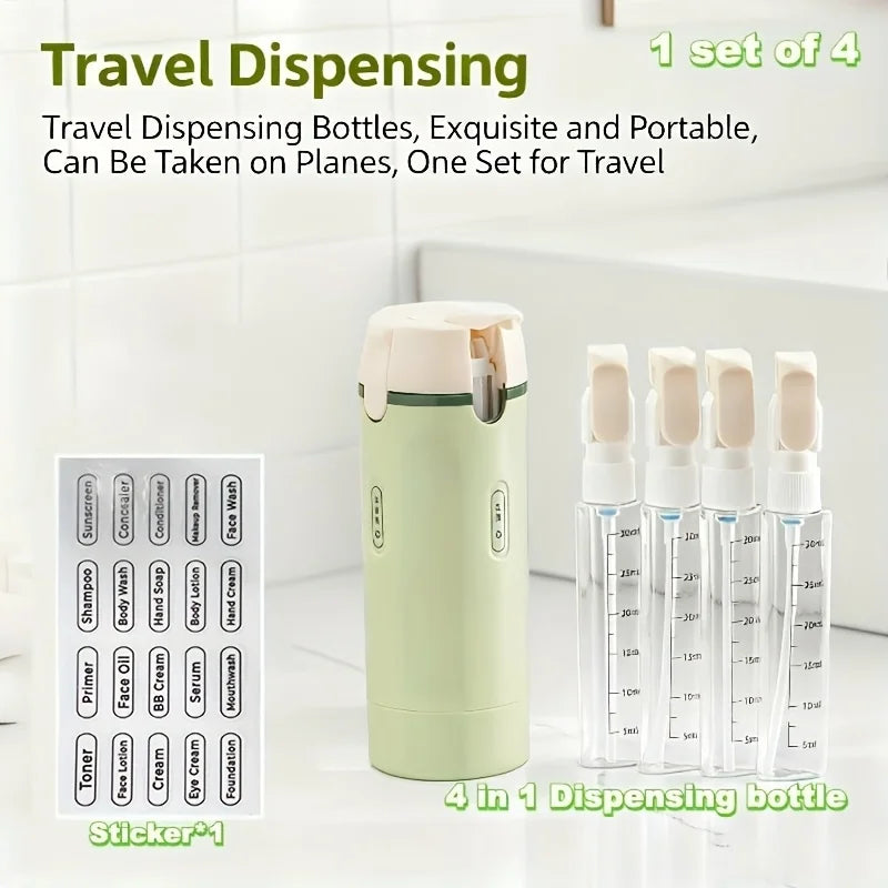 4-in-1 Travel Cosmetic Dispenser Bottle – Refillable Leak-Proof Toiletry Container with Clear Labels