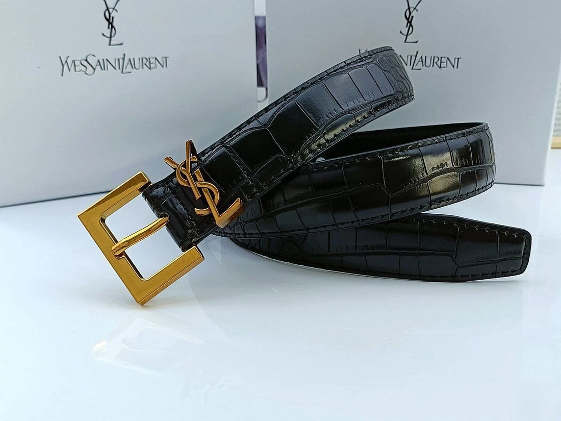 YSL Saint Laurent Black Croc Leather Belt Gold Logo