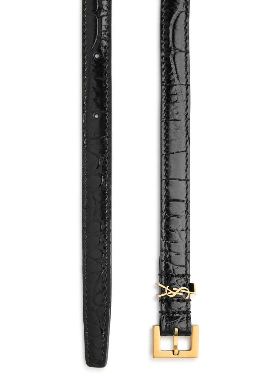 YSL Saint Laurent Black Croc Leather Belt Gold Logo