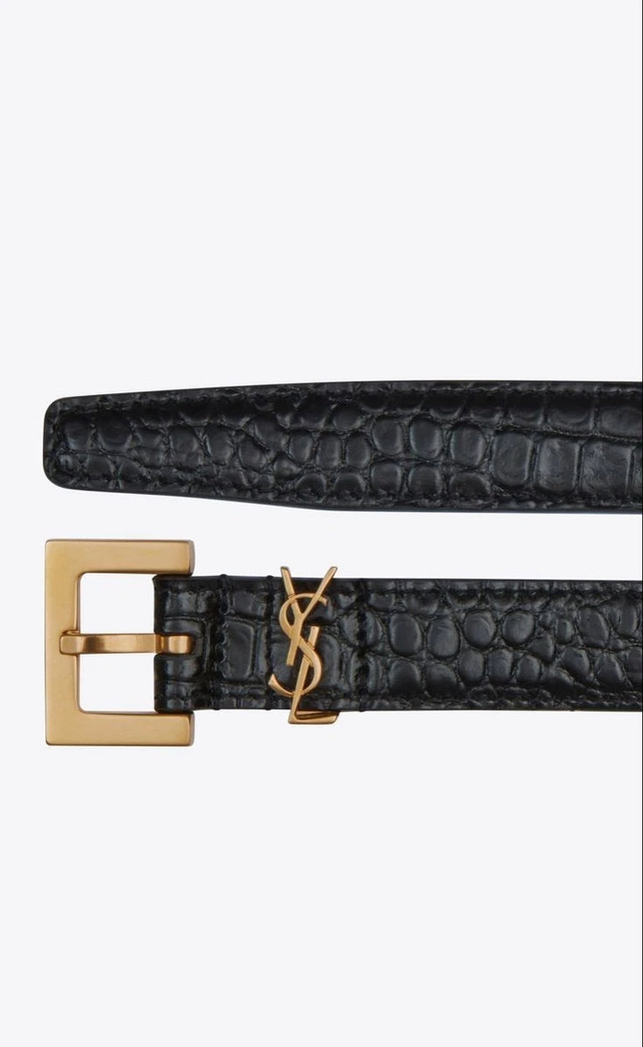 YSL Saint Laurent Black Croc Leather Belt Gold Logo