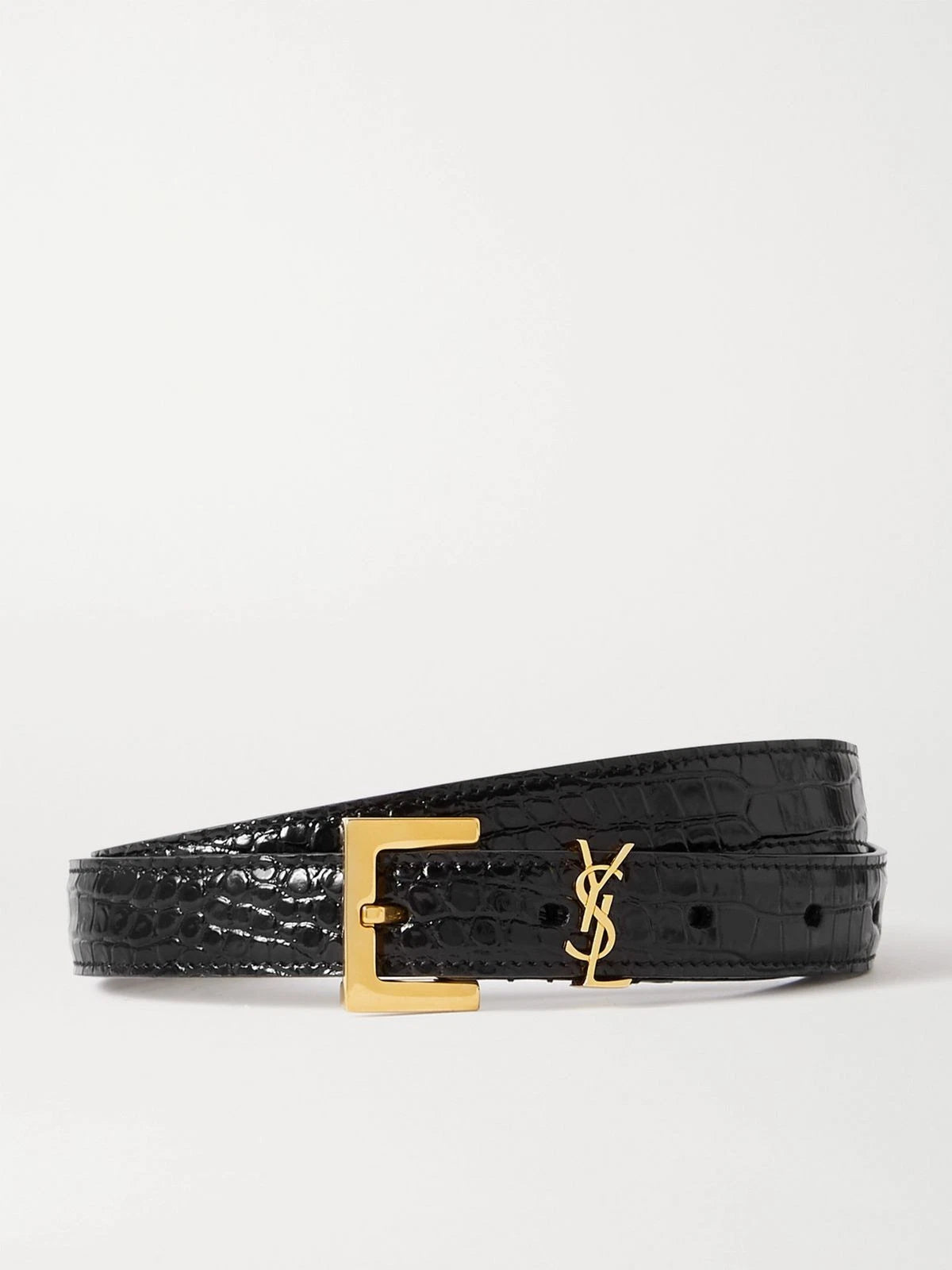 YSL Saint Laurent Black Croc Leather Belt Gold Logo