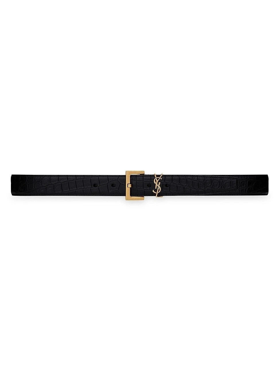YSL Saint Laurent Black Croc Leather Belt Gold Logo