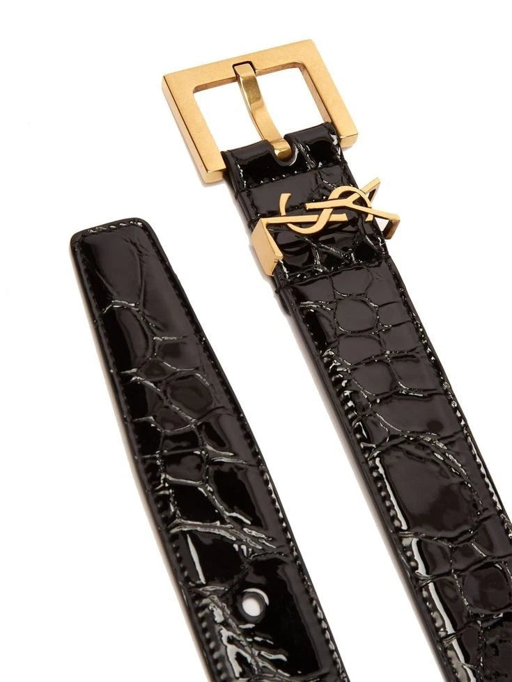YSL Saint Laurent Black Croc Leather Belt Gold Logo