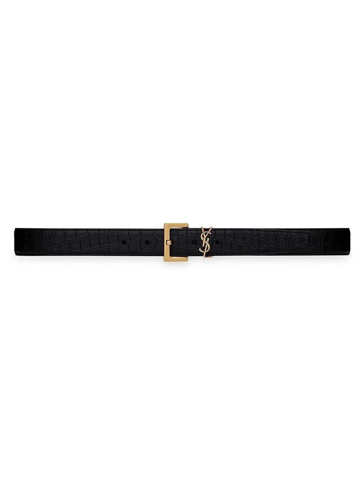 YSL Saint Laurent Black Croc Leather Belt Gold Logo